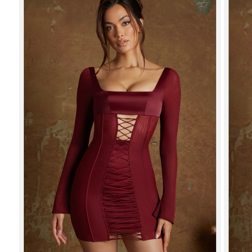 NWT Oh Polly Long Sleeve Lace Up Corset Micro Mini Dress in Wine size 6